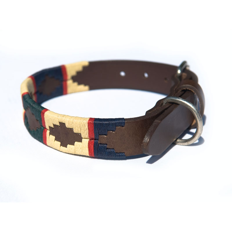 Pioneros Pampa Leather Dog Collars 7 Pampa Leather Polo Dog Collar - Navy Cream Hunter Red Stripe