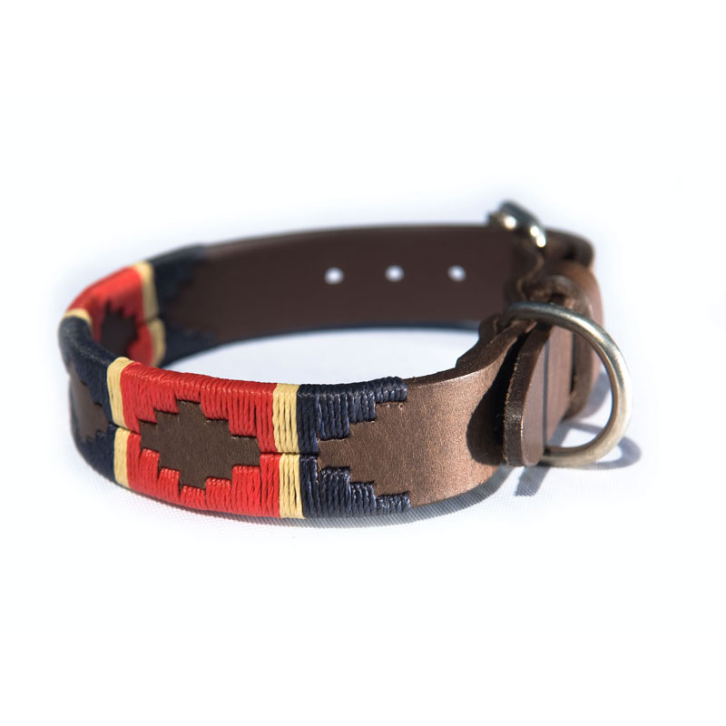 Pioneros Pampa Leather Dog Collars 6 Pampa Leather Polo Dog Collar - Red Navy Cream Stripe