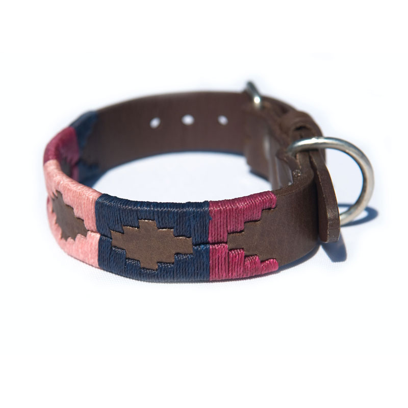 Pioneros Pampa Leather Dog Collars 5 Pampa Leather Polo Dog Collar - Raspberry Navy Pink