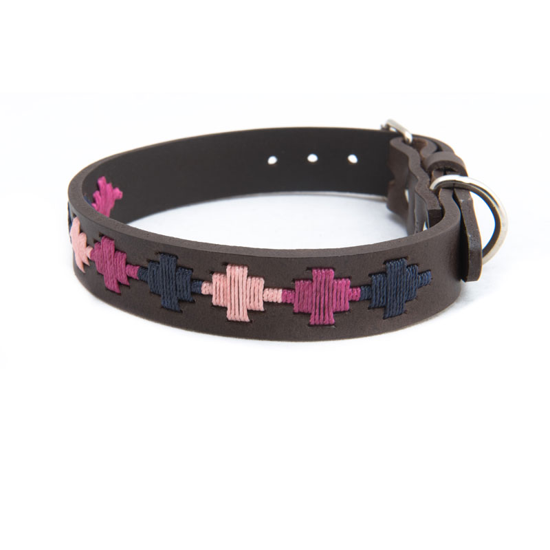 Pioneros Pampa Leather Dog Collars 4 Pampa Leather Polo Dog Collar - Berry Navy Pink Star
