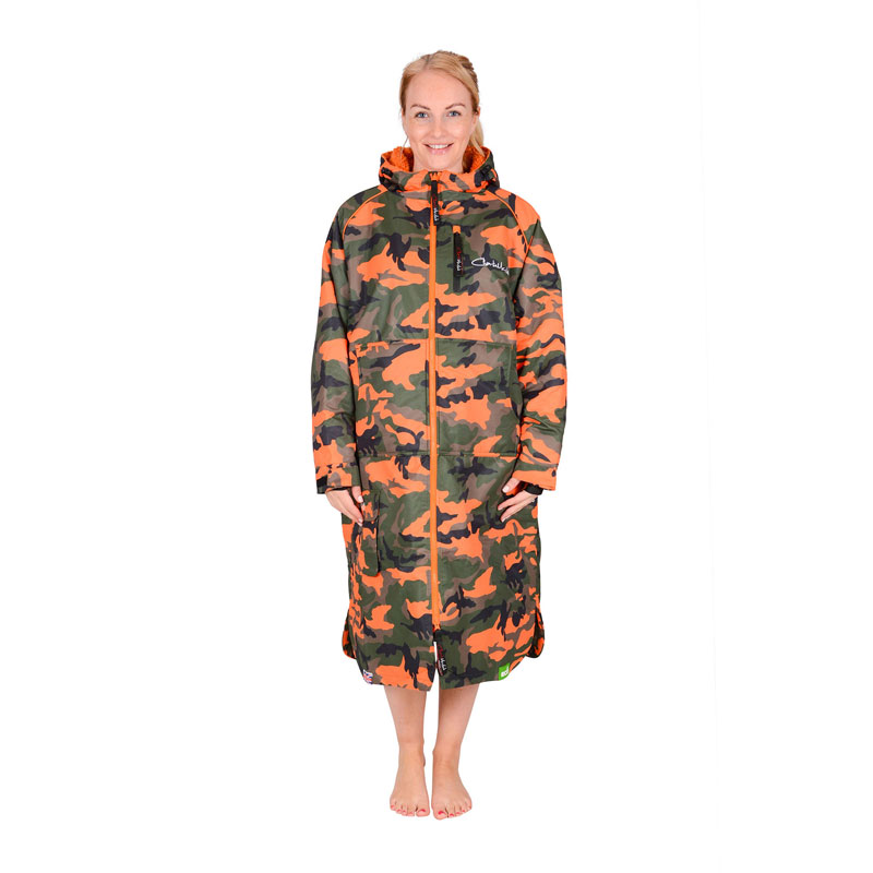 Changing Robe Waterproof Coat - Camo Orange 1 Charlie Mcleod Ladies Changing Robe Orange Camo Front